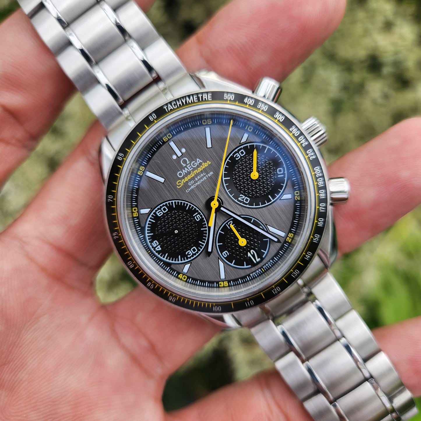 Omega Speedmaster Racing Co-Axial Chronometer Chronograph Grey Sunburst Dial with Yellow Accents - Complete Set
