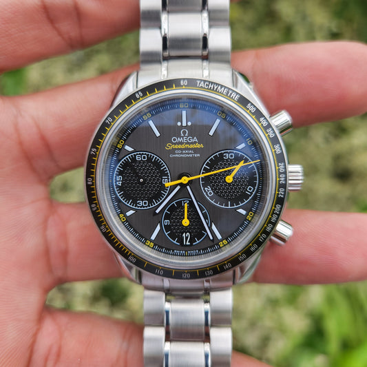 Omega Speedmaster Racing Co-Axial Chronometer Chronograph Grey Sunburst Dial with Yellow Accents - Complete Set