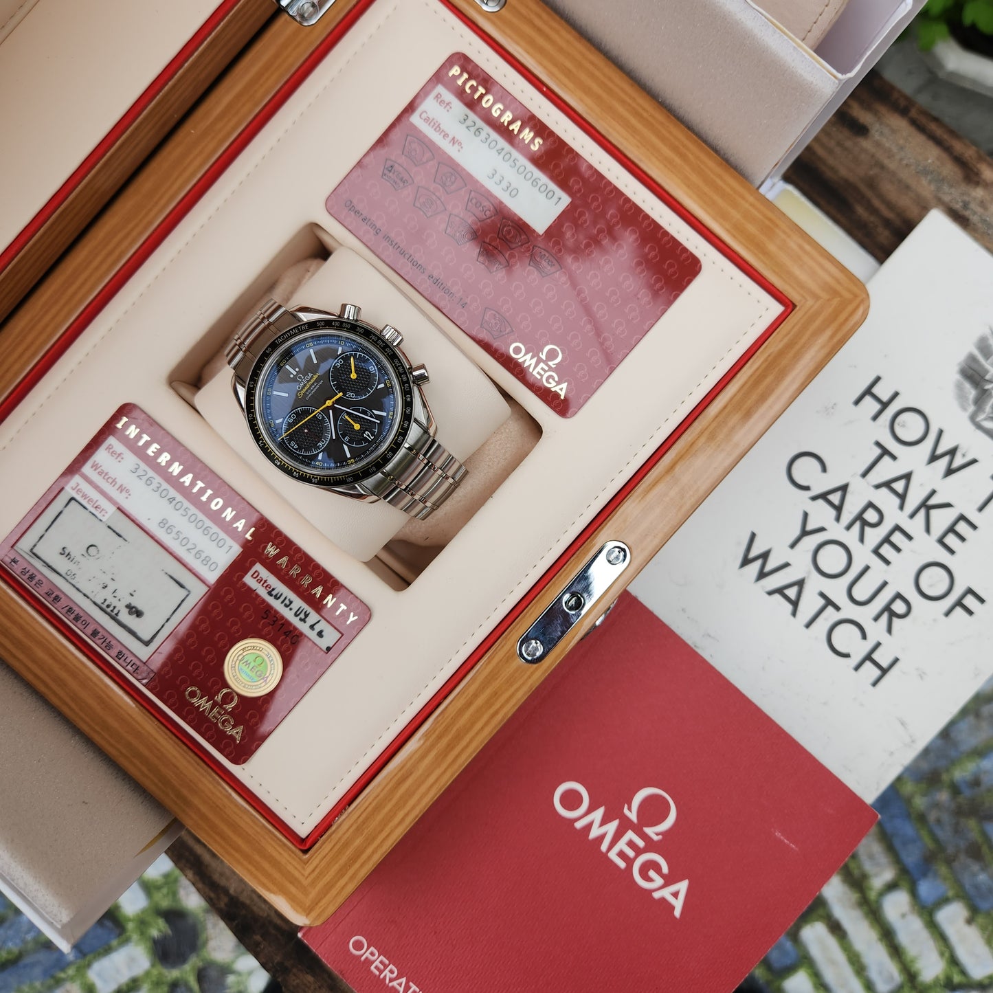 Omega Speedmaster Racing Co-Axial Chronometer Chronograph Grey Sunburst Dial with Yellow Accents - Complete Set