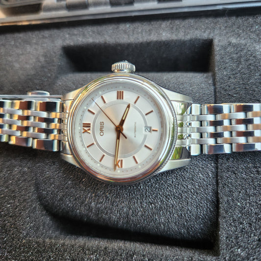Oris Ladies Classic Date Rose Gold Indeces Silver/Grey Dial 29mm Automatic