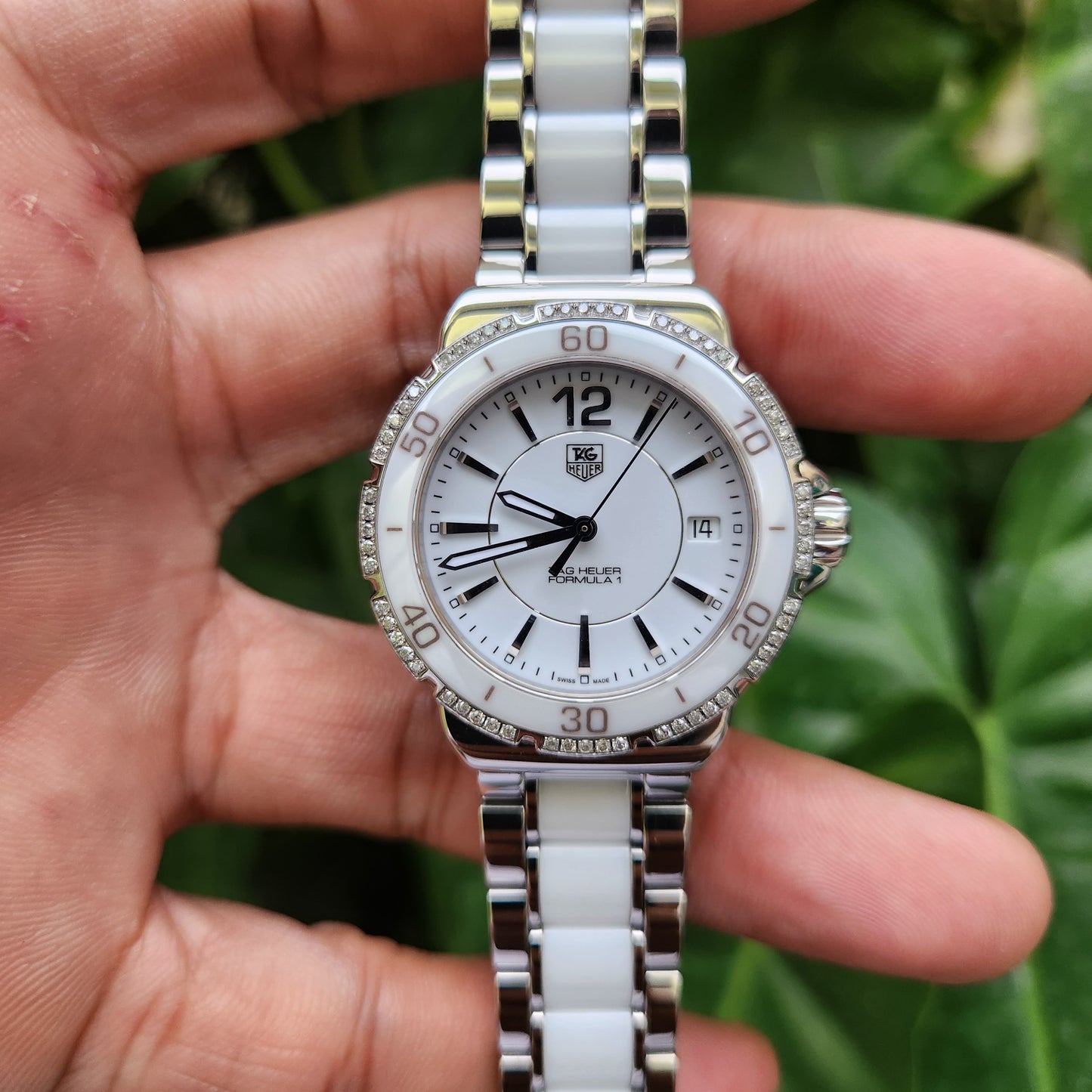 Tag Heuer Ladies F1 Midsize Ceramic Bezel and Bracelet with 60 Diamonds 37mm - White Dial