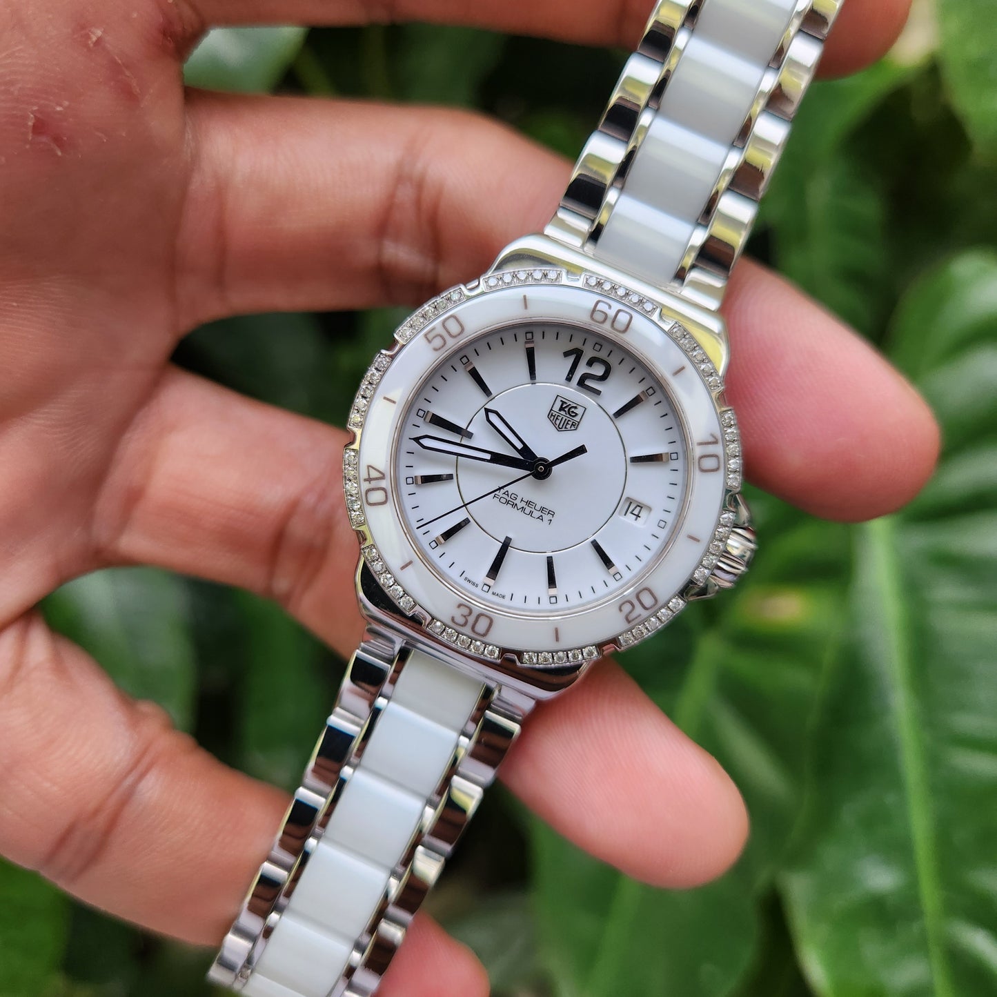 Tag Heuer Ladies F1 Midsize Ceramic Bezel and Bracelet with 60 Diamonds 37mm - White Dial