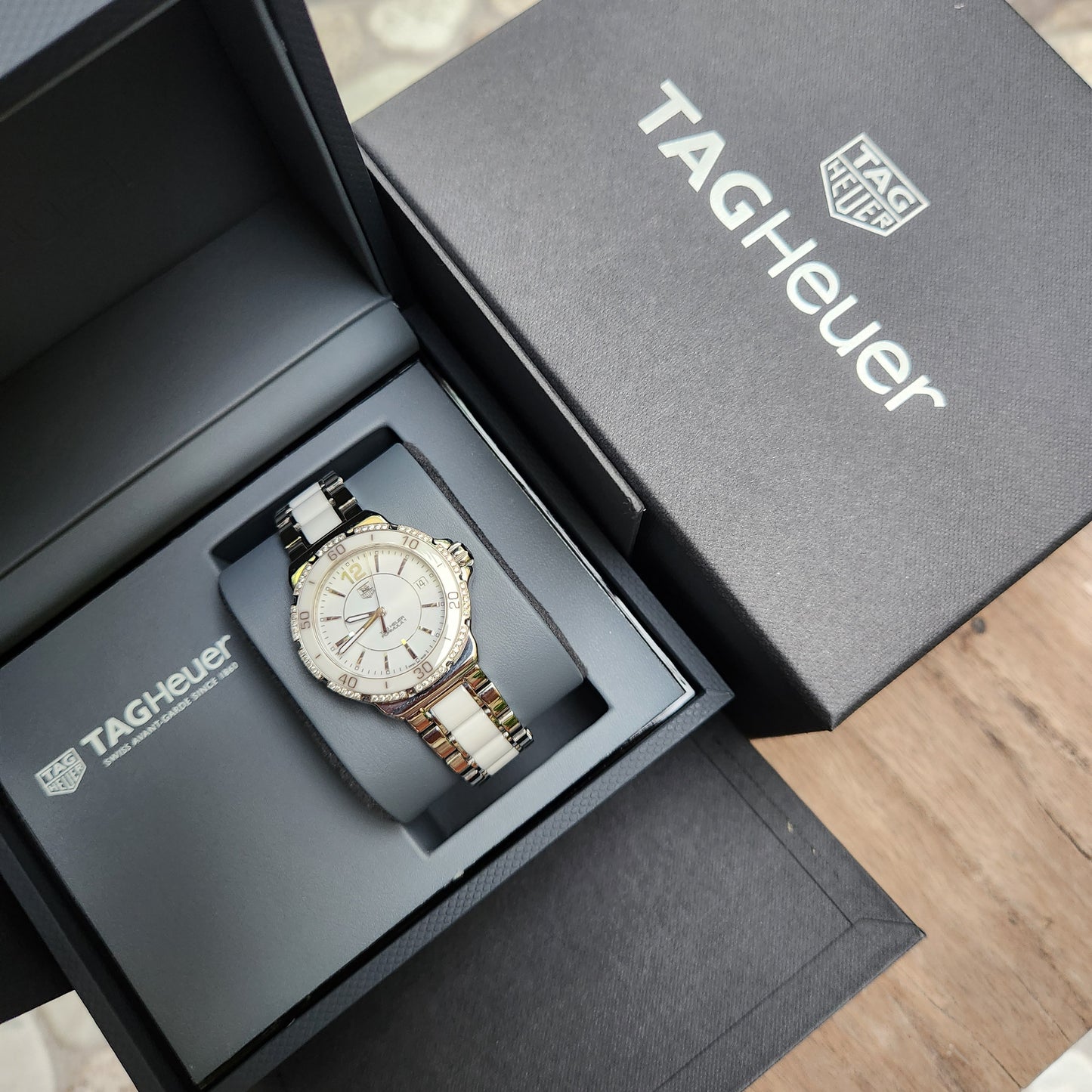 Tag Heuer Ladies F1 Midsize Ceramic Bezel and Bracelet with 60 Diamonds 37mm - White Dial