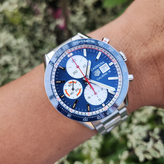 Tag Heuer Carrera Calibre 16 Chronograph Ceramic Bezel Blue Opalin Dial 41mm - Complete Set