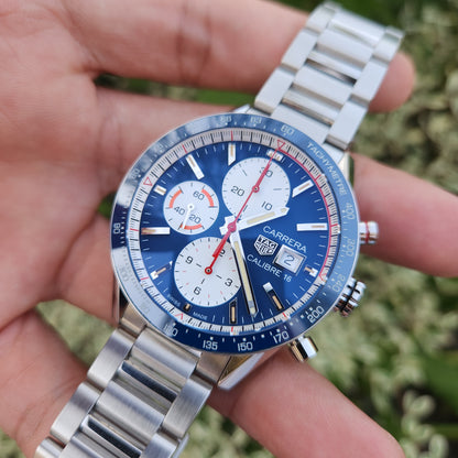 Tag Heuer Carrera Calibre 16 Chronograph Ceramic Bezel Blue Opalin Dial 41mm - Complete Set