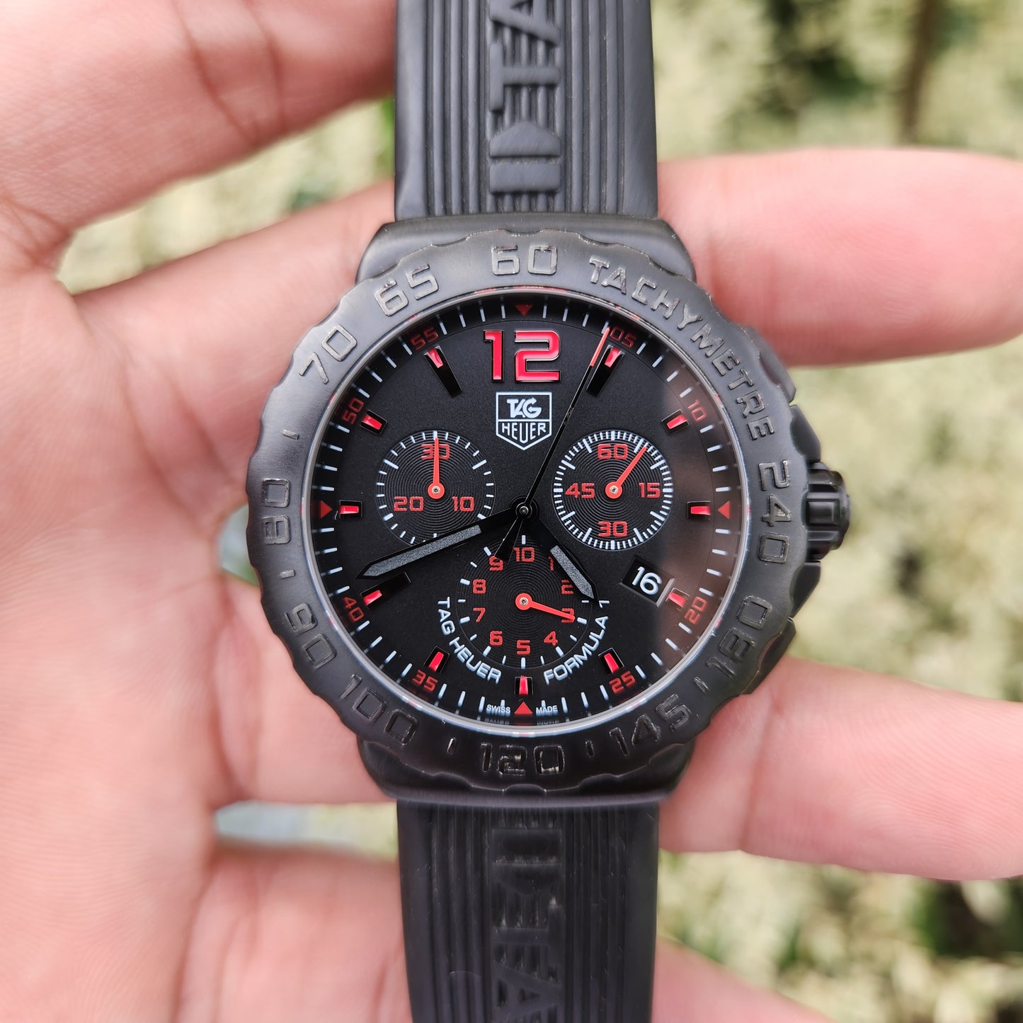 Tag Heuer F1 PVD Chronograph Red Accent Indices Black Dial 42mm