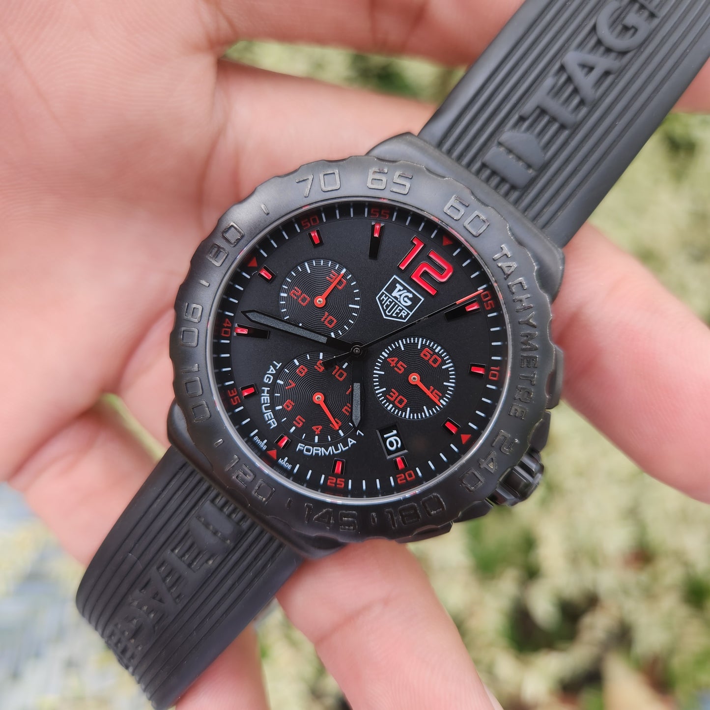 Tag Heuer F1 PVD Chronograph Red Accent Indices Black Dial 42mm