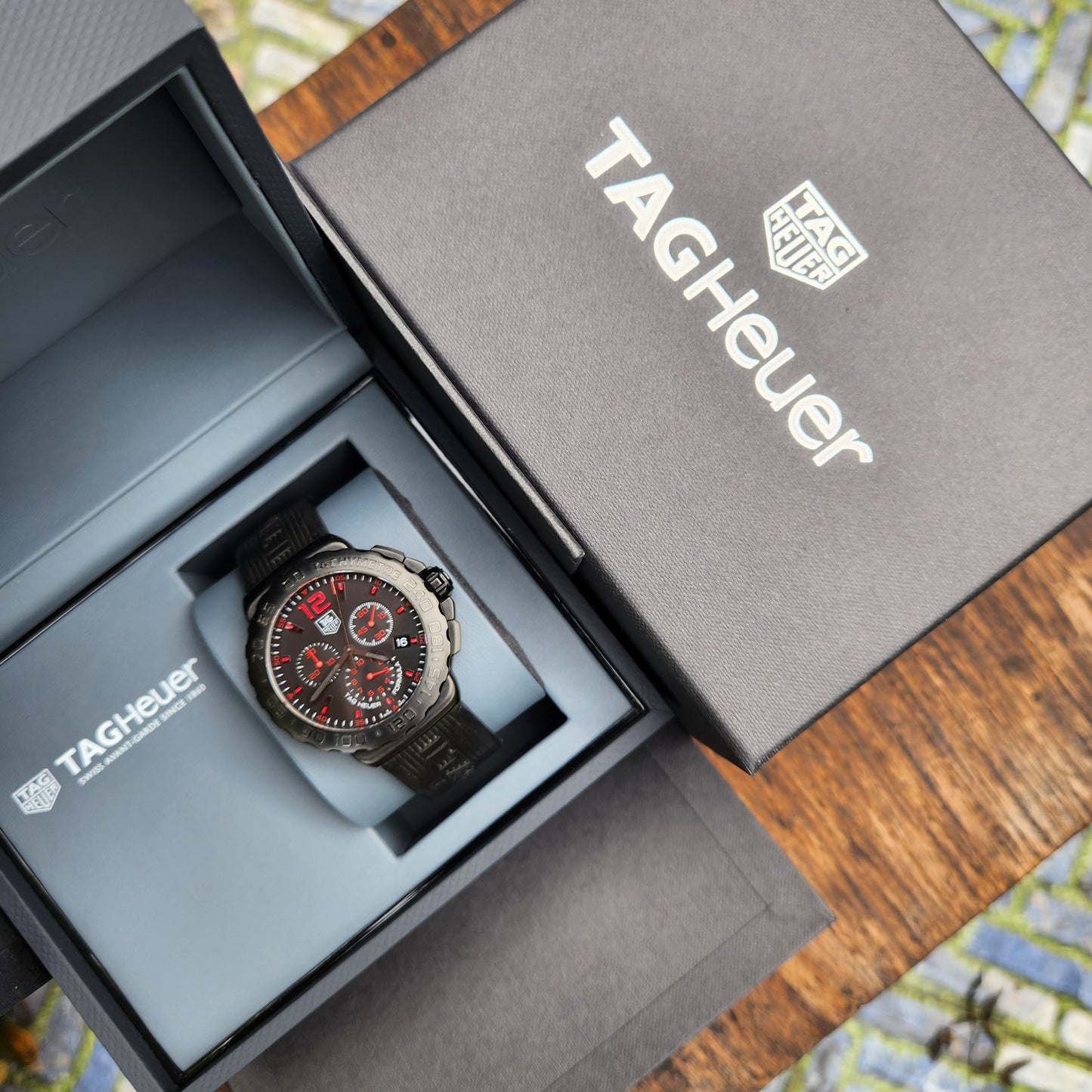 Tag Heuer F1 PVD Chronograph Red Accent Indices Black Dial 42mm