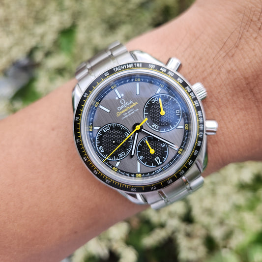 Omega Speedmaster Racing Co-Axial Chronometer Chronograph Grey Sunburst Dial with Yellow Accents - Complete Set