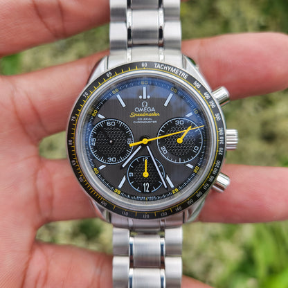 Omega Speedmaster Racing Co-Axial Chronometer Chronograph Grey Sunburst Dial with Yellow Accents - Complete Set