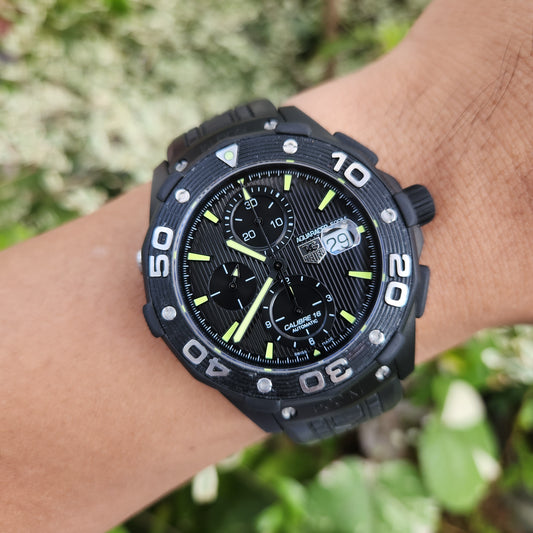 Tag Heuer Aquaracer Chronograph Calibre 16 Titanium PVD Black Engraved Stripes Dial 500M 44mm - Complete Set