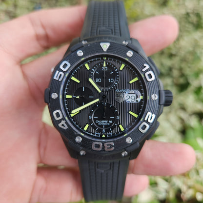 Tag Heuer Aquaracer Chronograph Calibre 16 Titanium PVD Black Engraved Stripes Dial 500M 44mm - Complete Set