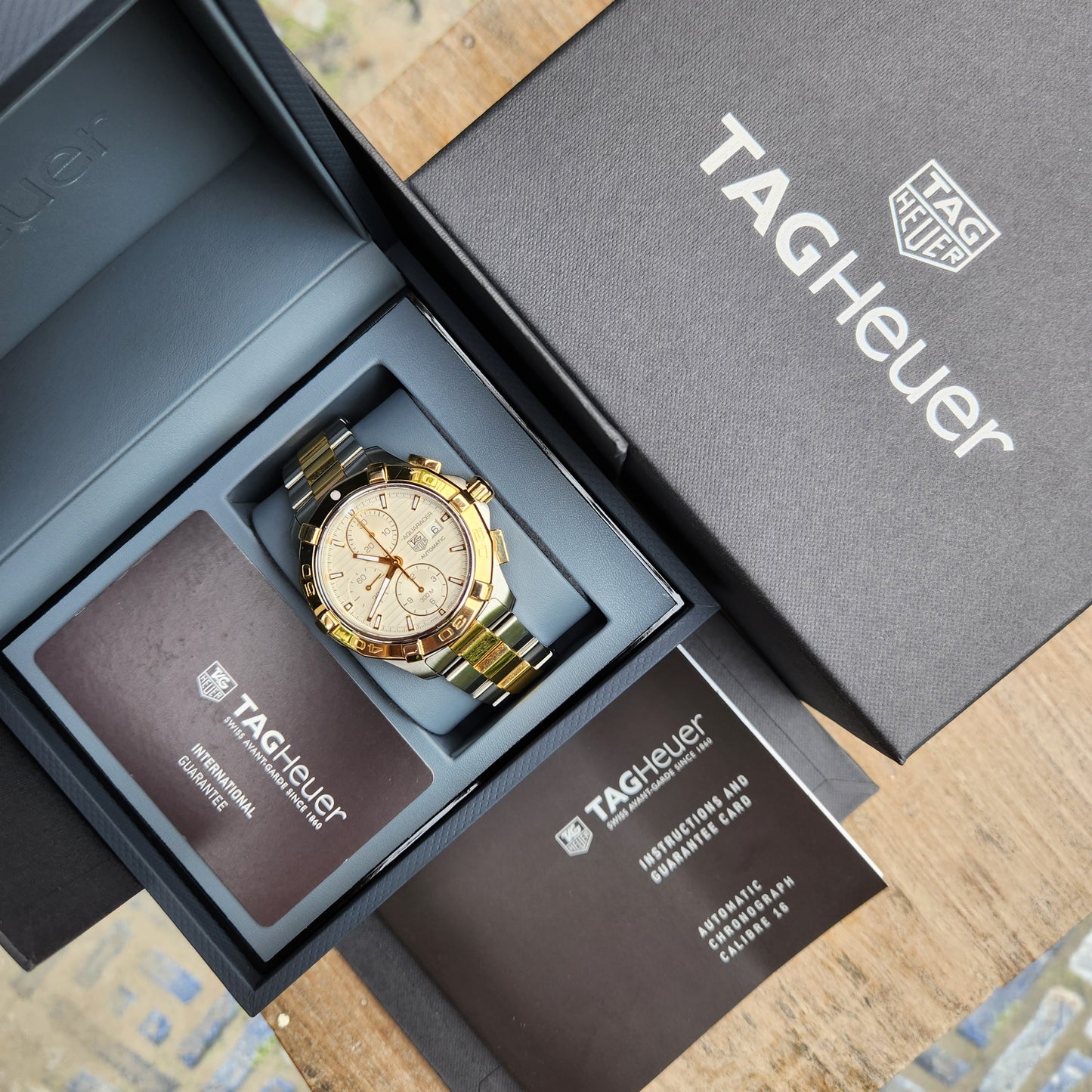 Tag Heuer Aquaracer Chronograph Calibre 16 Two-Tone White Dial 43mm - Complete Set