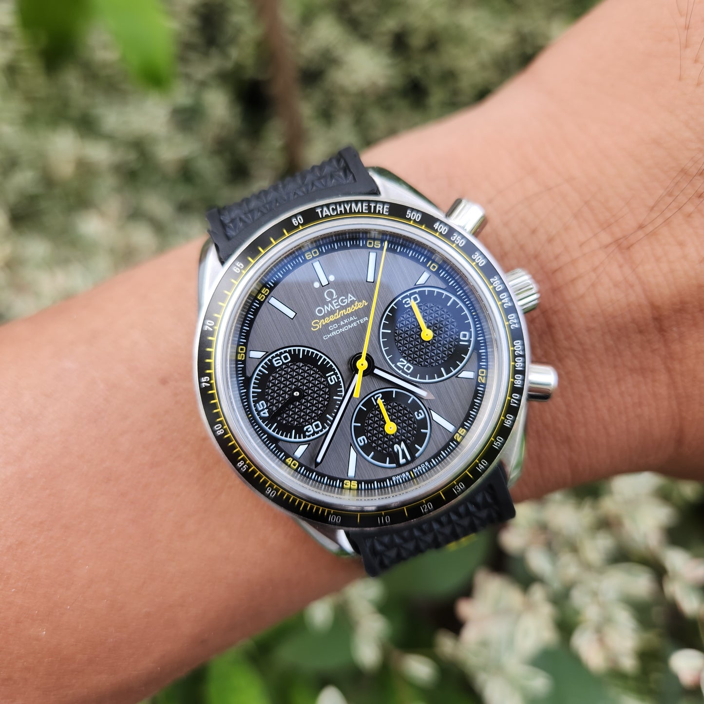 Omega Speedmaster Racing Co-Axial Chronometer Chronograph Grey Sunburst Dial with Yellow Accents - Complete Set