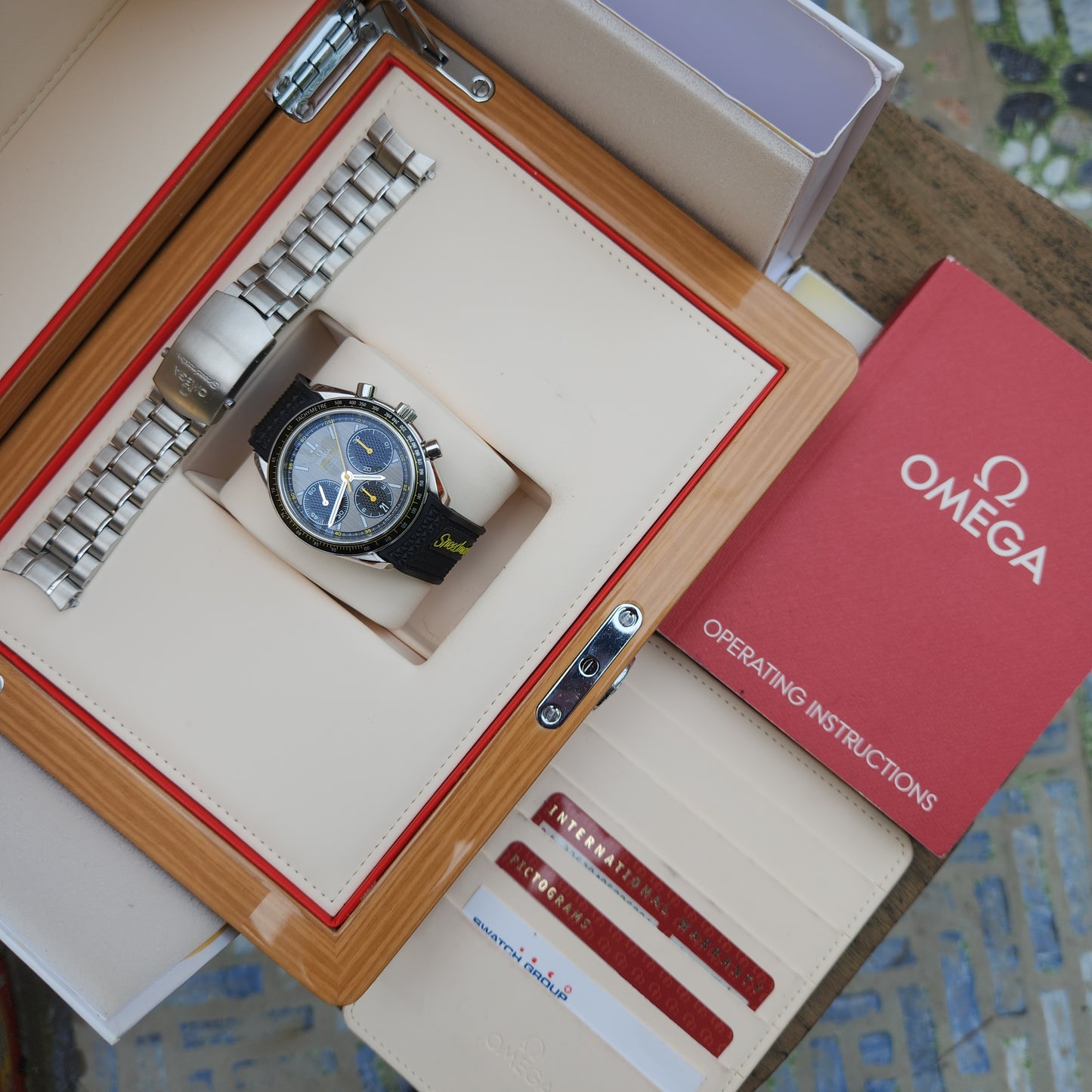 Omega Speedmaster Racing Co-Axial Chronometer Chronograph Grey Sunburst Dial with Yellow Accents - Complete Set