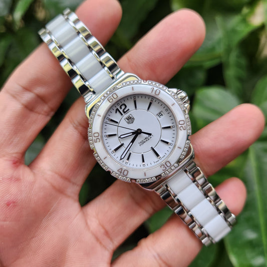 Tag Heuer Ladies F1 Midsize Ceramic Bezel and Bracelet with 60 Diamonds 37mm - White Dial