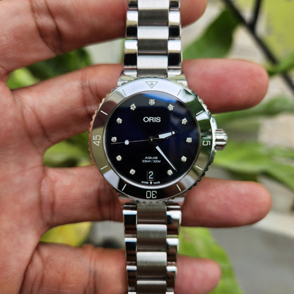 Oris Ladies Aquis Date Tungsten Bezel in Sunray Blue Dial with Diamonds 36mm