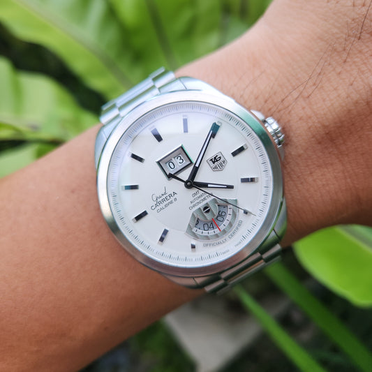 Tag Heuer Grand Carrera Calibre 8 Grande Date GMT Chronometer in Silver Dial 42.5mm - Complete Set