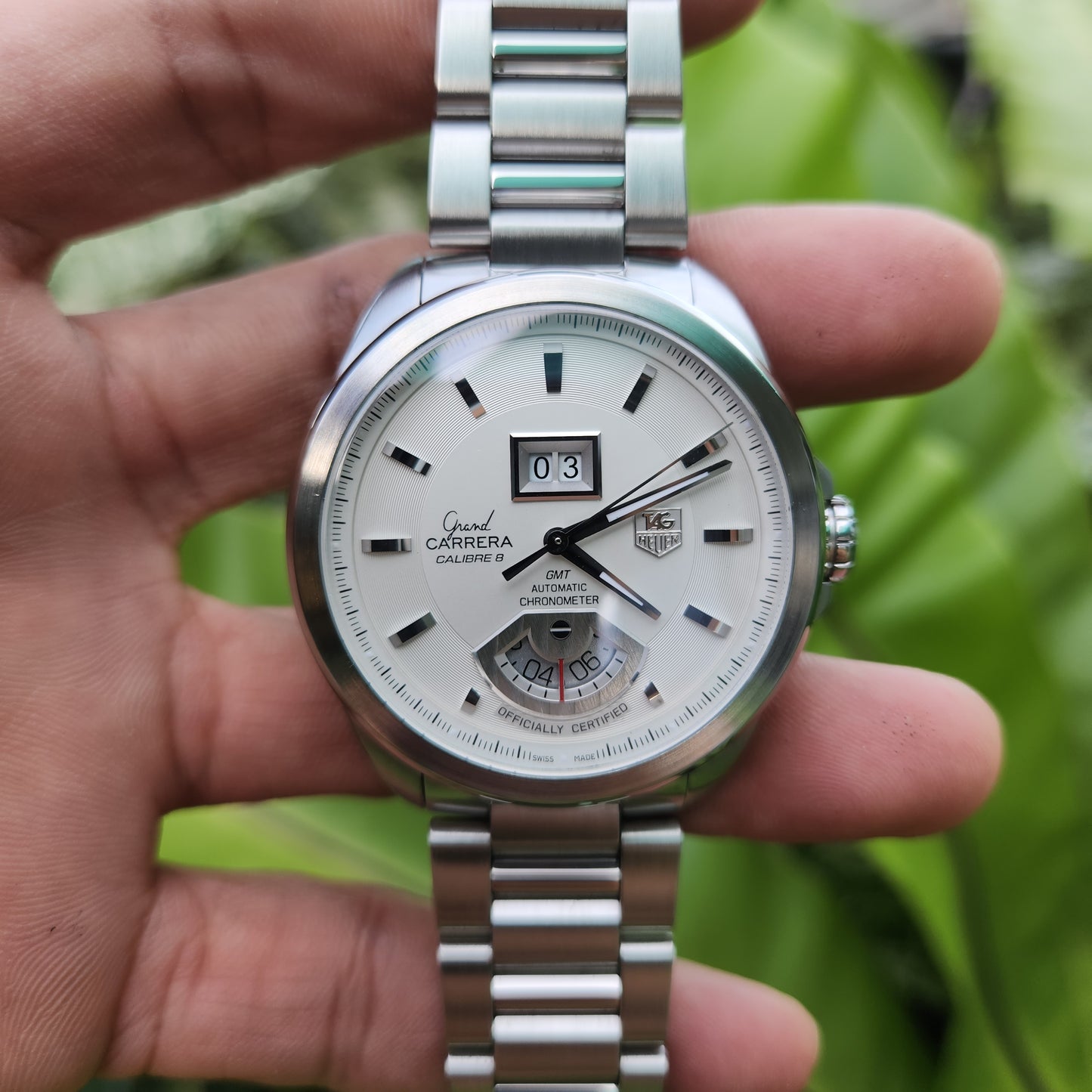 Tag Heuer Grand Carrera Calibre 8 Grande Date GMT Chronometer in Silver Dial 42.5mm - Complete Set