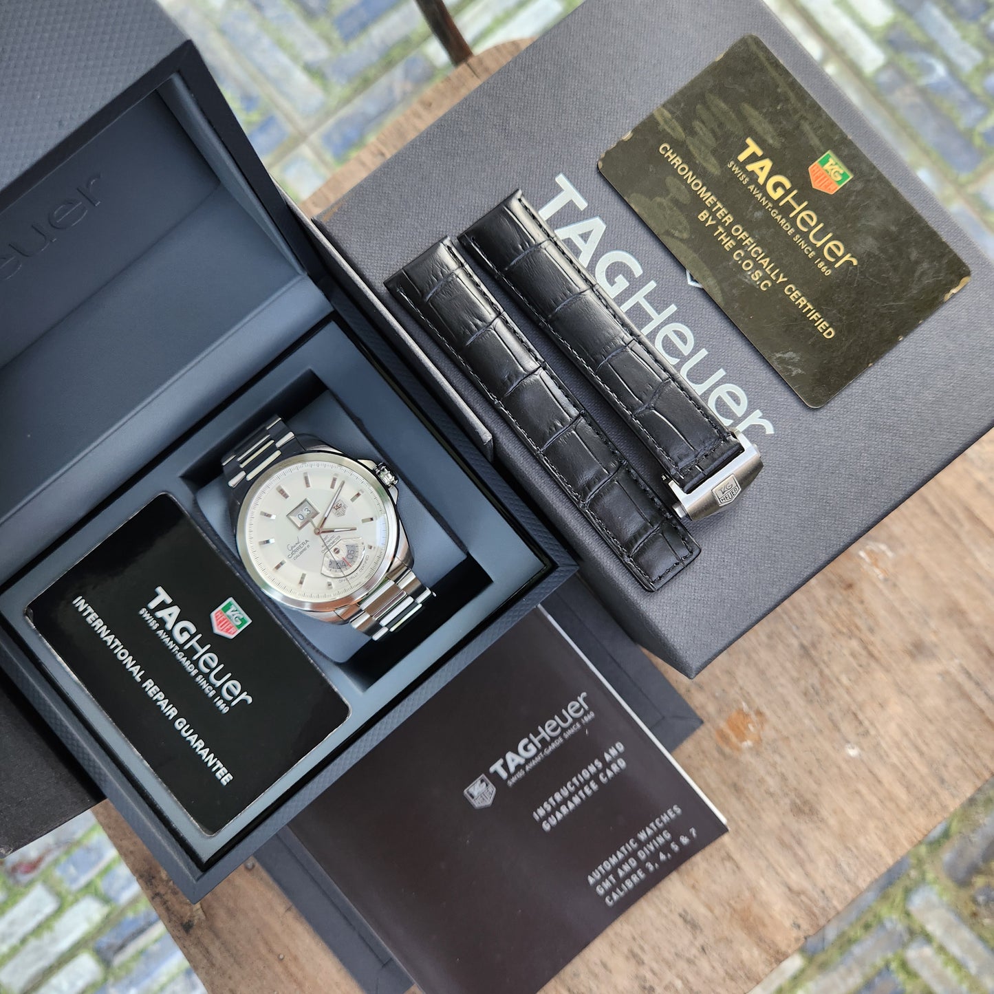 Tag Heuer Grand Carrera Calibre 8 Grande Date GMT Chronometer in Silver Dial 42.5mm - Complete Set