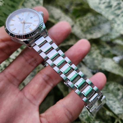 Tudor Style Ladies Fluted Bezel Gold Indeces in Silver Dial 28mm - Complete Set