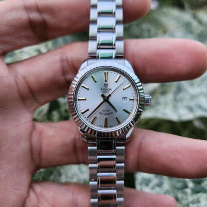 Tudor Style Ladies Fluted Bezel Gold Indeces in Silver Dial 28mm - Complete Set