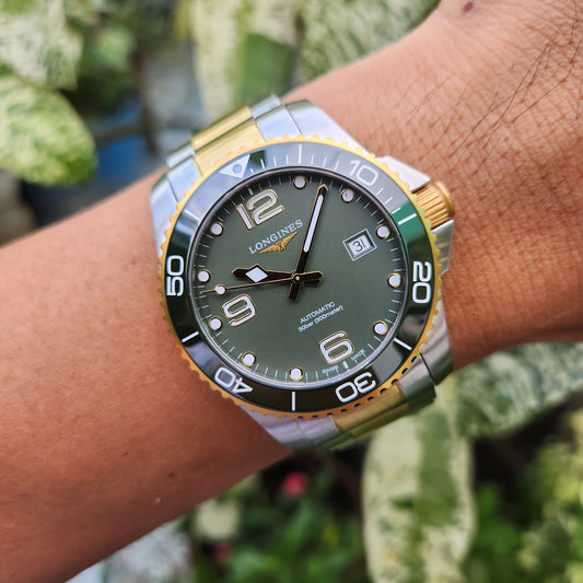 Longines HydroConquest Green Ceramic Bezel with Yellow Gold Accents in Green Matte Dial 41mm