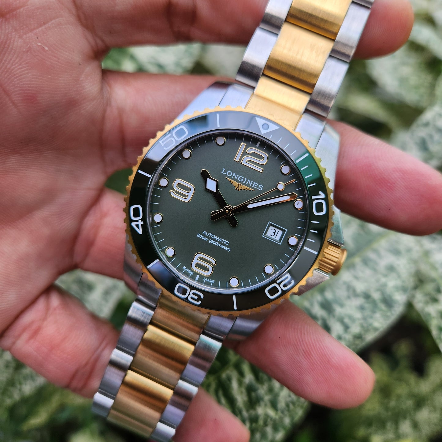 Longines HydroConquest Green Ceramic Bezel with Yellow Gold Accents in Green Matte Dial 41mm