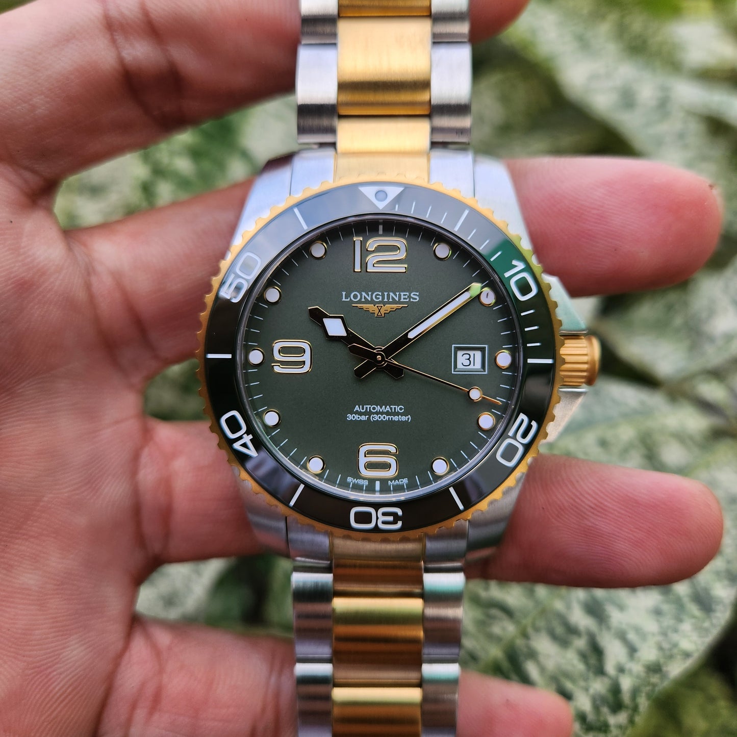 Longines HydroConquest Green Ceramic Bezel with Yellow Gold Accents in Green Matte Dial 41mm