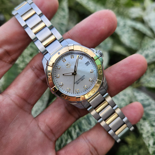 Tag Heuer Ladies Aquaracer Two-Tone Solid Gold 18k Bezel in Mother of Pearl White Dial with Diamonds 32mm
