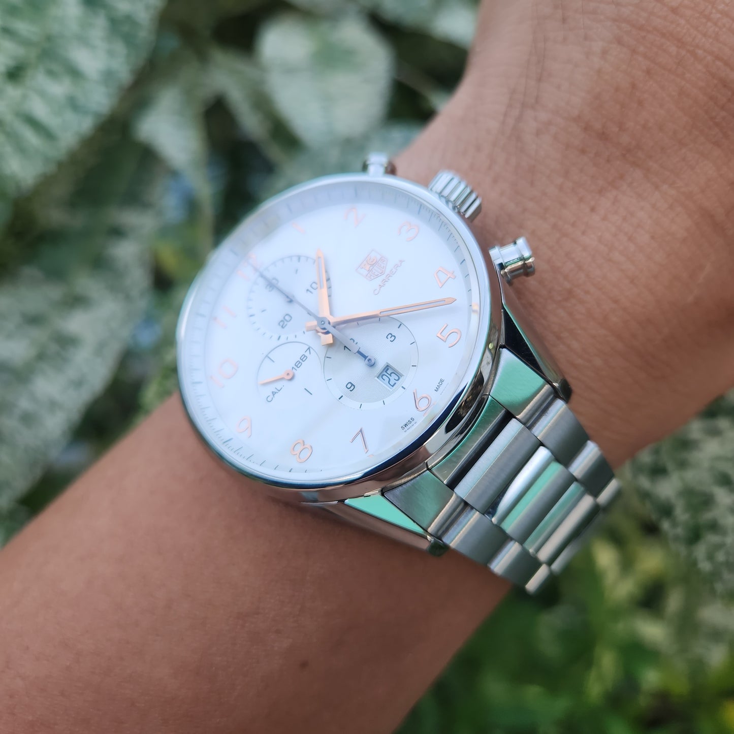 Tag Heuer Carrera Calibre 1887 Chronograph Rose Gold Indeces in White Dial 43mm