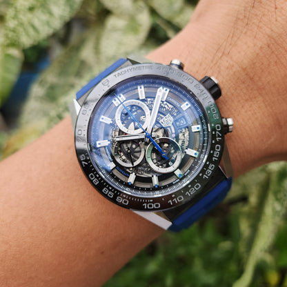 Tag Heuer Carrera Heuer 01 Chronograph Ceramic Bezel in Black Skeleton Dial with Blue Accents 43mm