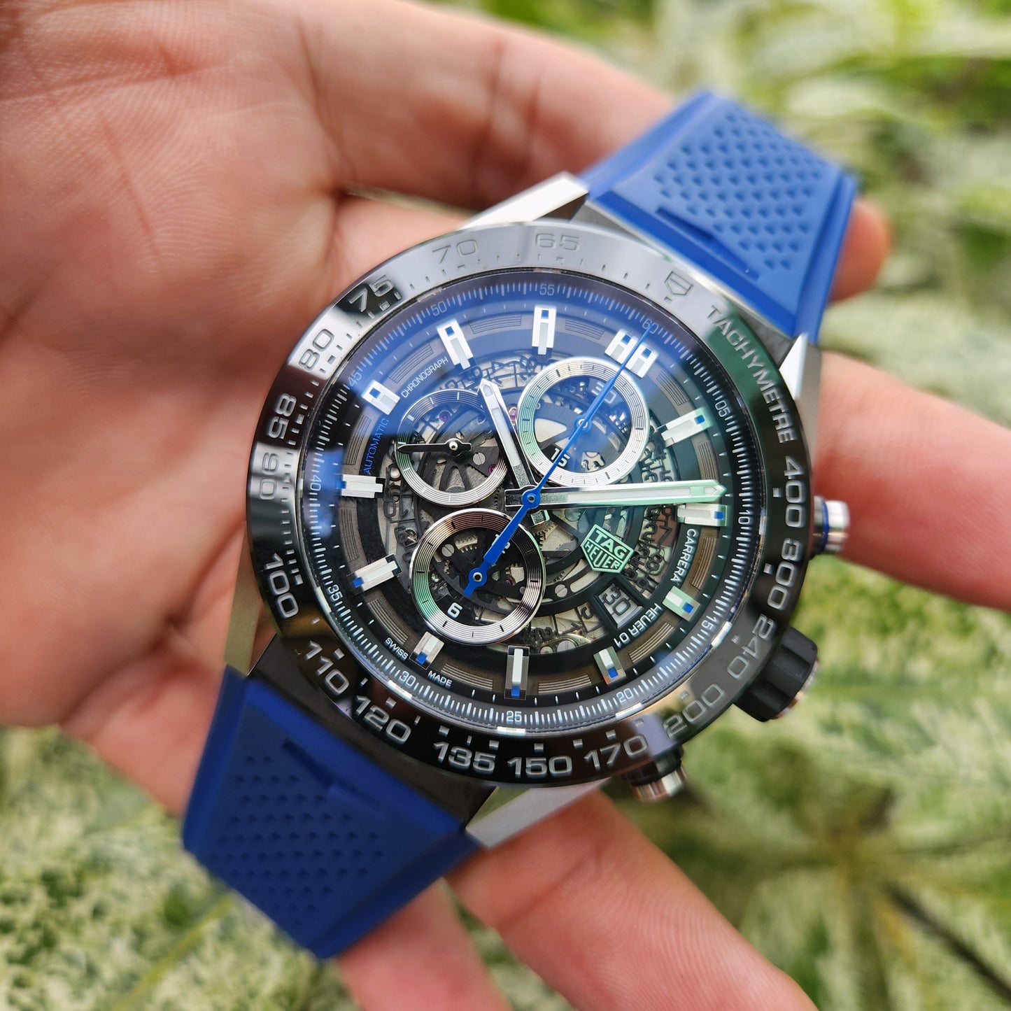 Tag Heuer Carrera Heuer 01 Chronograph Ceramic Bezel in Black Skeleton Dial with Blue Accents 43mm