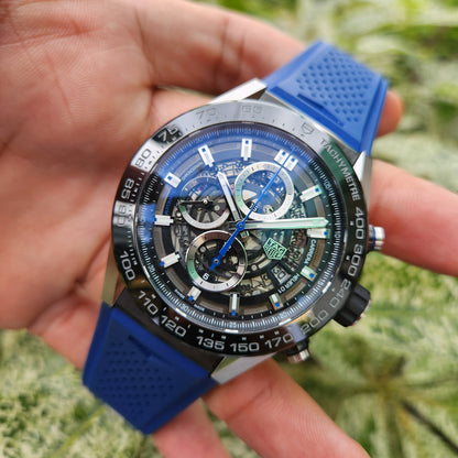 Tag Heuer Carrera Heuer 01 Chronograph Ceramic Bezel in Black Skeleton Dial with Blue Accents 43mm