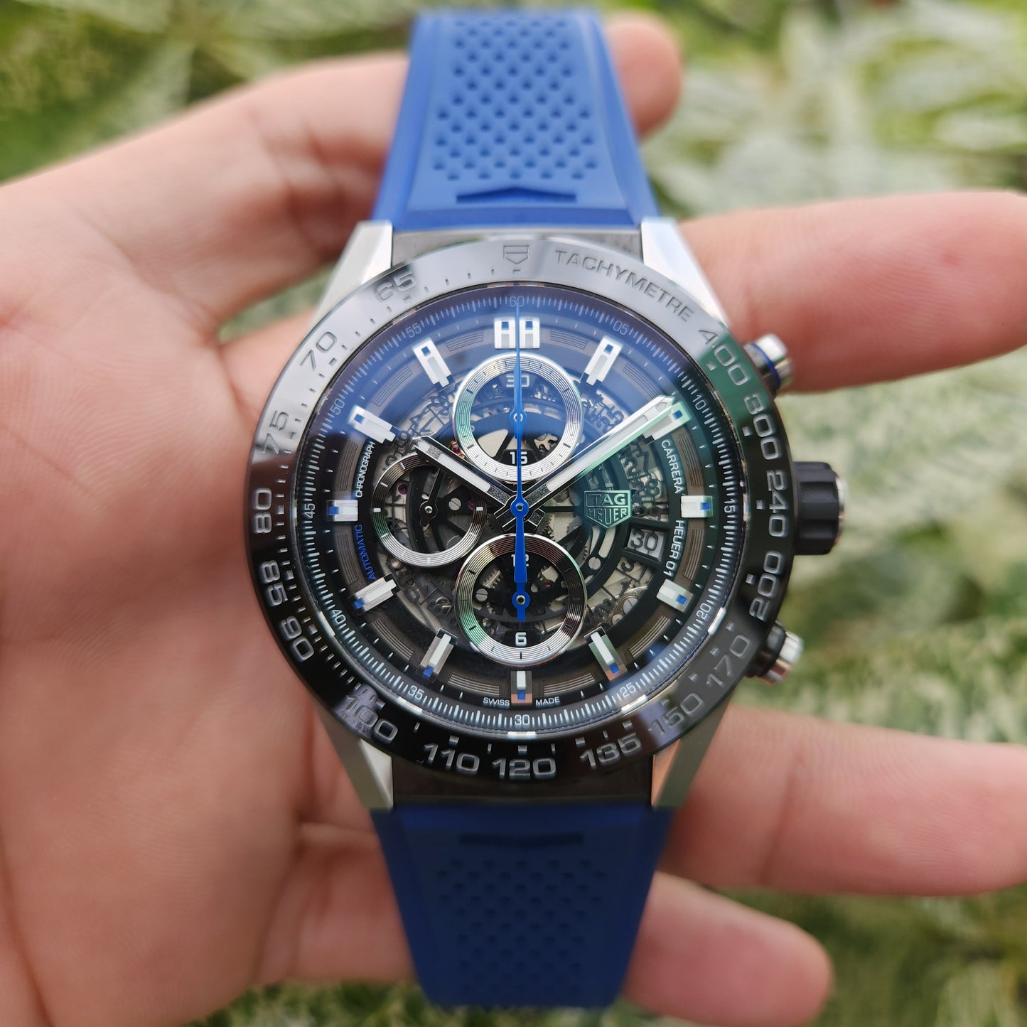 Tag Heuer Carrera Heuer 01 Chronograph Ceramic Bezel in Black Skeleton Dial with Blue Accents 43mm