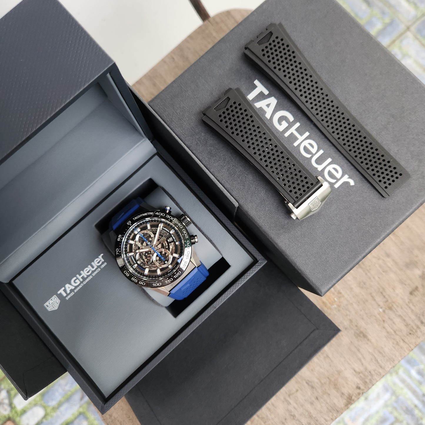 Tag Heuer Carrera Heuer 01 Chronograph Ceramic Bezel in Black Skeleton Dial with Blue Accents 43mm