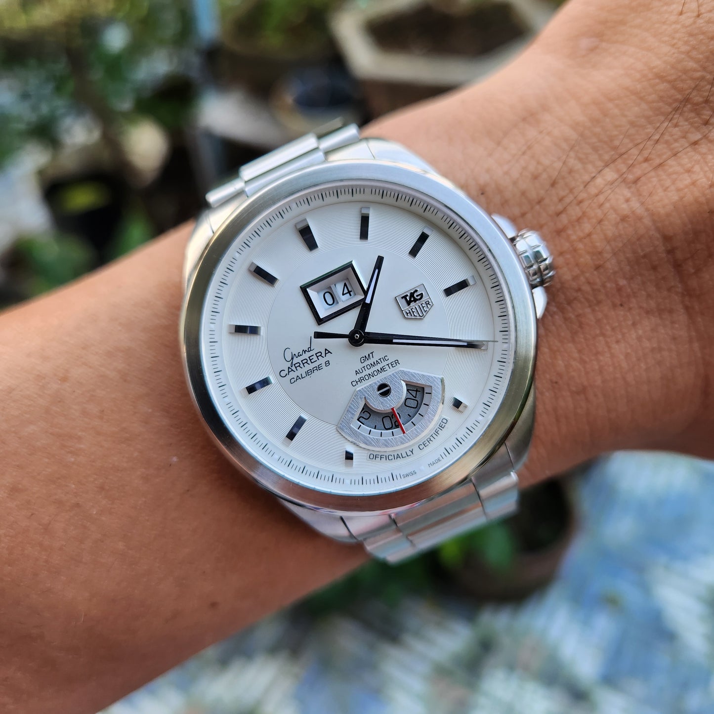 Tag Heuer Carrera Grand Carrera Calibre 8 Grande Date GMT Chronometer in Silver Dial 42.5mm - Complete Set