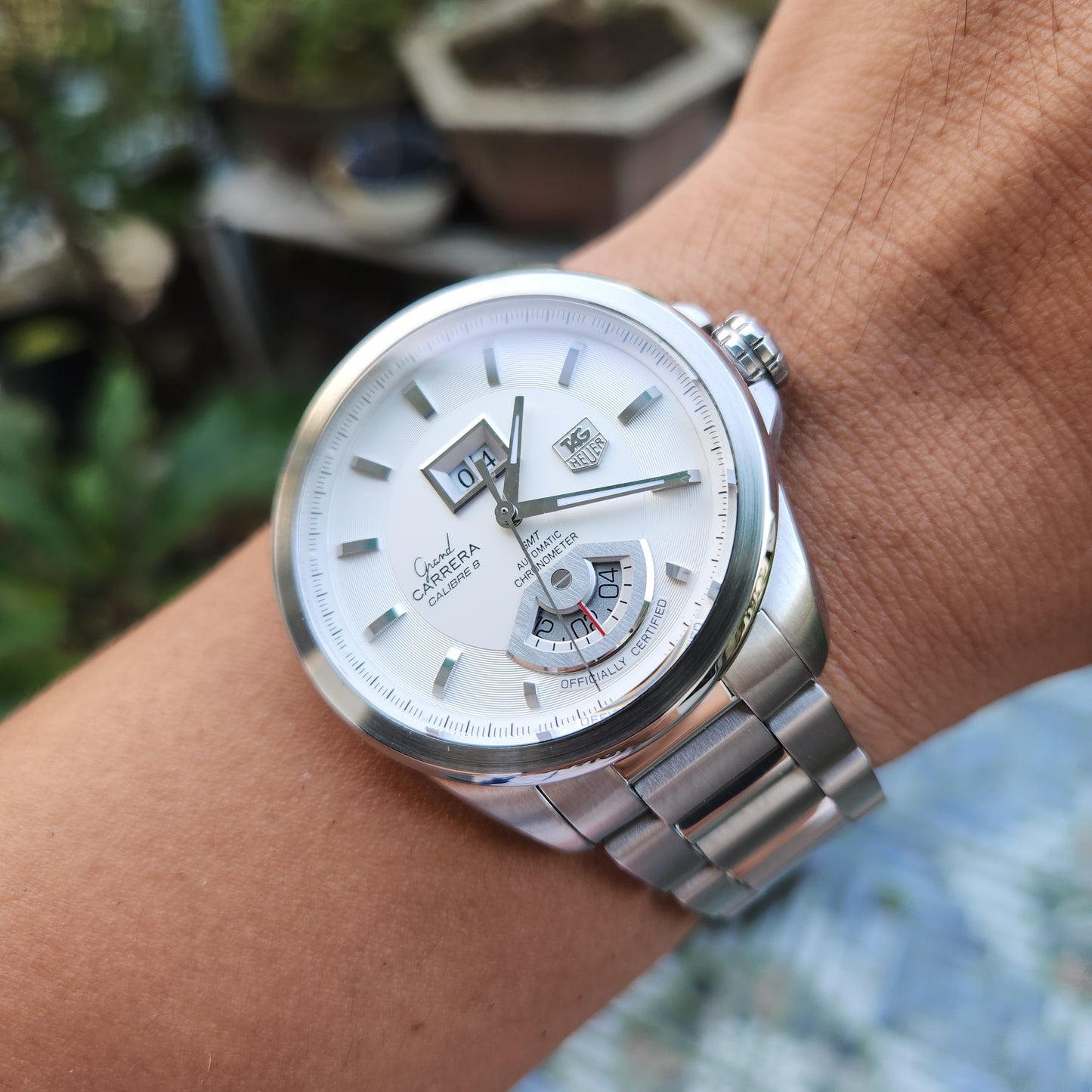 Tag Heuer Carrera Grand Carrera Calibre 8 Grande Date GMT Chronometer in Silver Dial 42.5mm - Complete Set