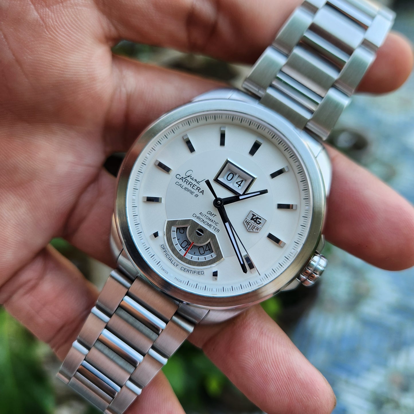 Tag Heuer Carrera Grand Carrera Calibre 8 Grande Date GMT Chronometer in Silver Dial 42.5mm - Complete Set