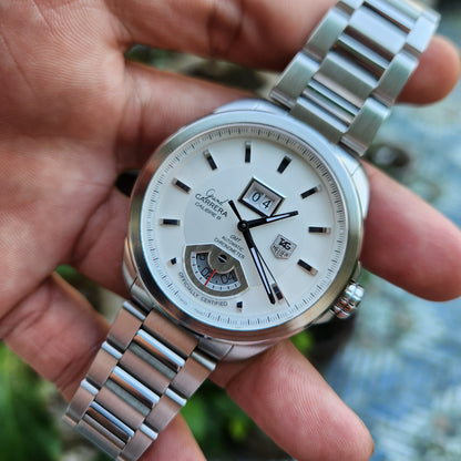 Tag Heuer Carrera Grand Carrera Calibre 8 Grande Date GMT Chronometer in Silver Dial 42.5mm - Complete Set