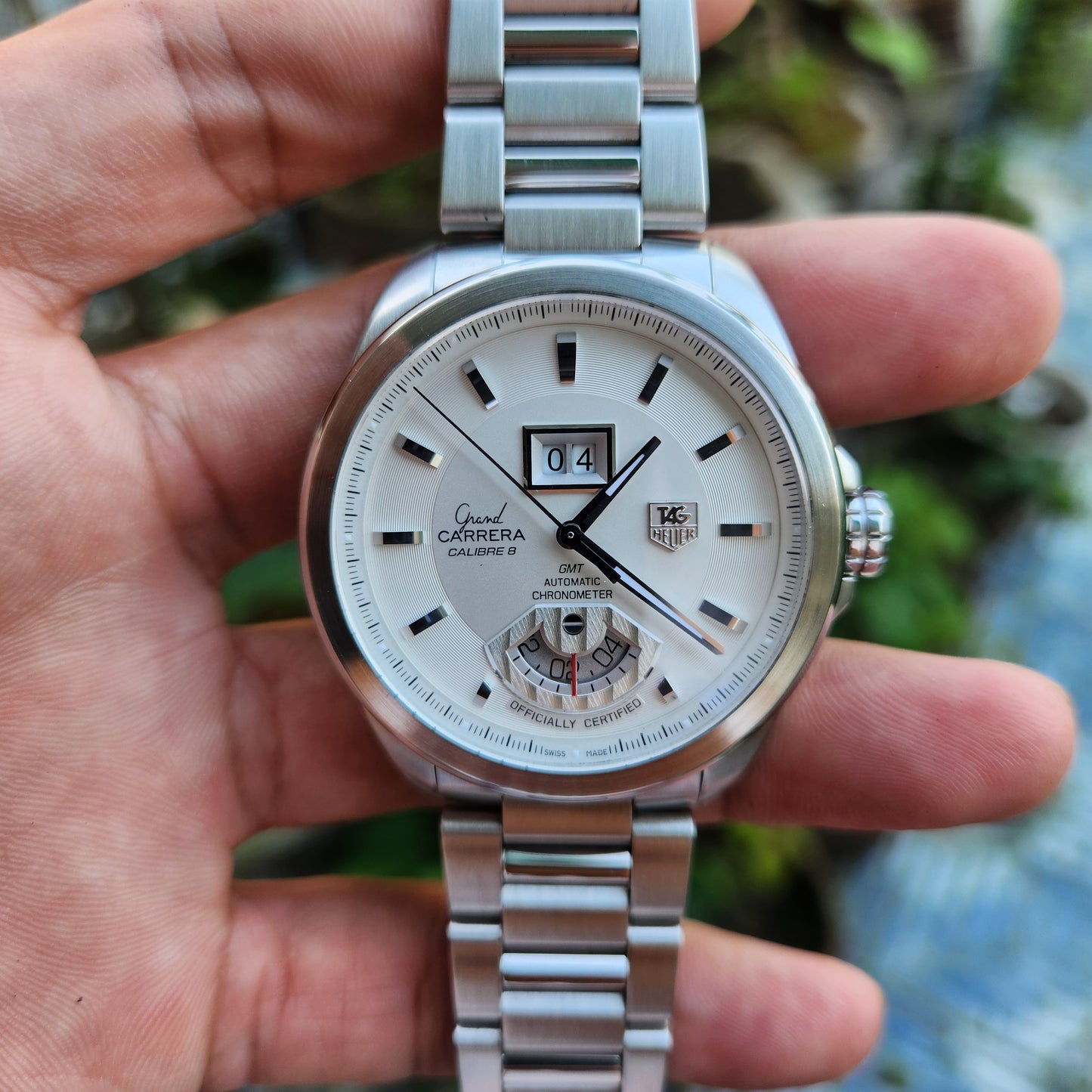 Tag Heuer Carrera Grand Carrera Calibre 8 Grande Date GMT Chronometer in Silver Dial 42.5mm - Complete Set