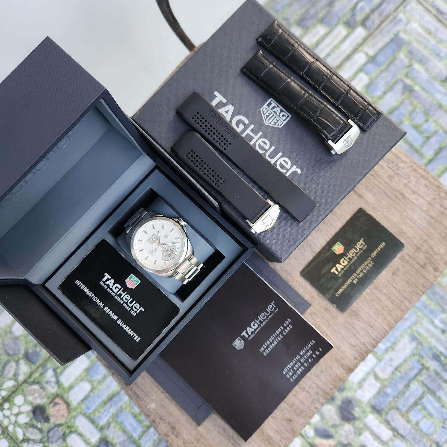 Tag Heuer Carrera Grand Carrera Calibre 8 Grande Date GMT Chronometer in Silver Dial 42.5mm - Complete Set