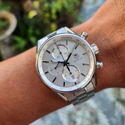 Tag Heuer Carrera Calibre 1887 Chronograph Steel Bezel in Silver Dial 41mm - Complete Set