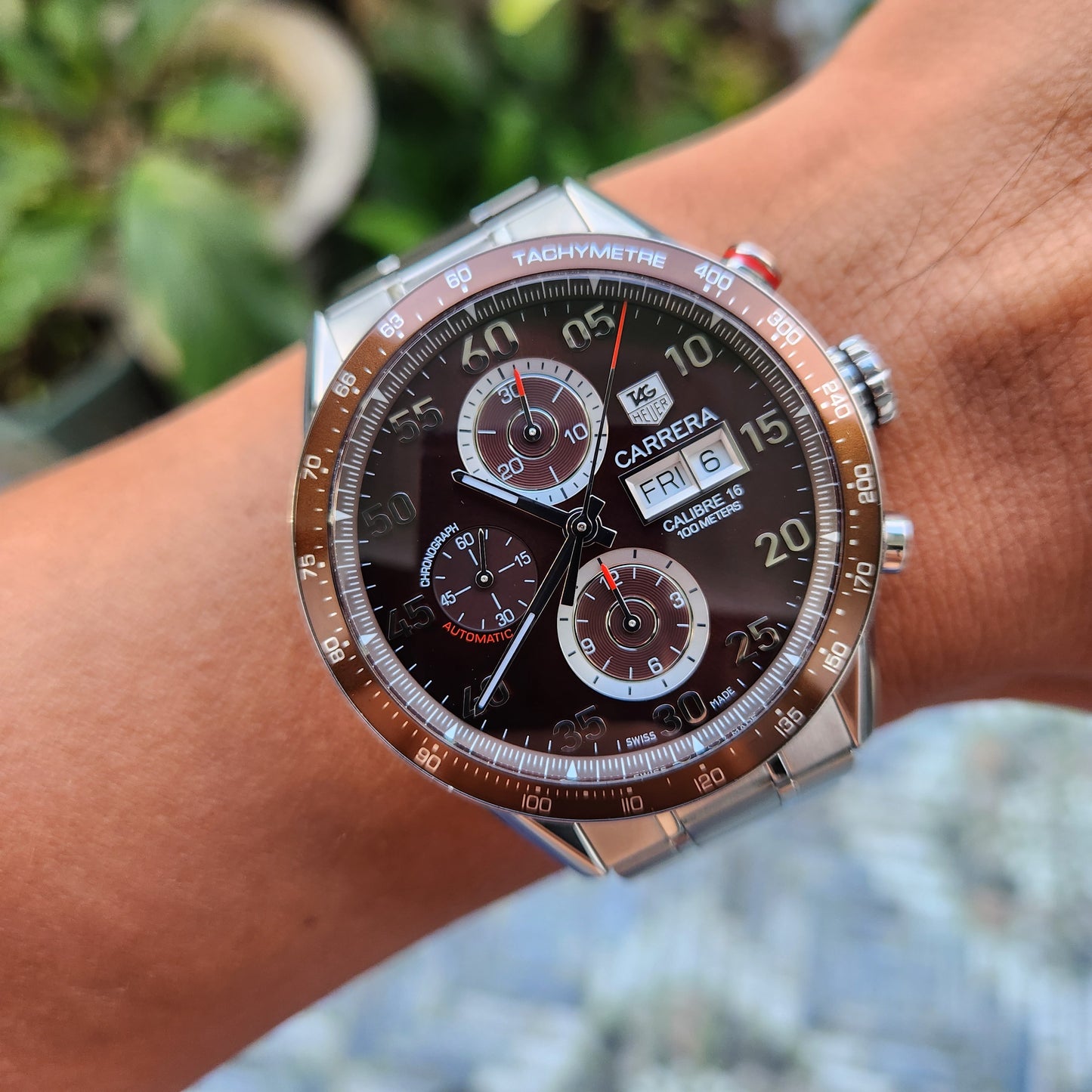 Tag Heuer Carrera Calibre 16 Day-Date Chronograph Steel Alu Bezel in Brown Dial 43mm - Complete Set