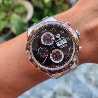 Tag Heuer Carrera Calibre 16 Day-Date Chronograph Steel Alu Bezel in Brown Dial 43mm - Complete Set