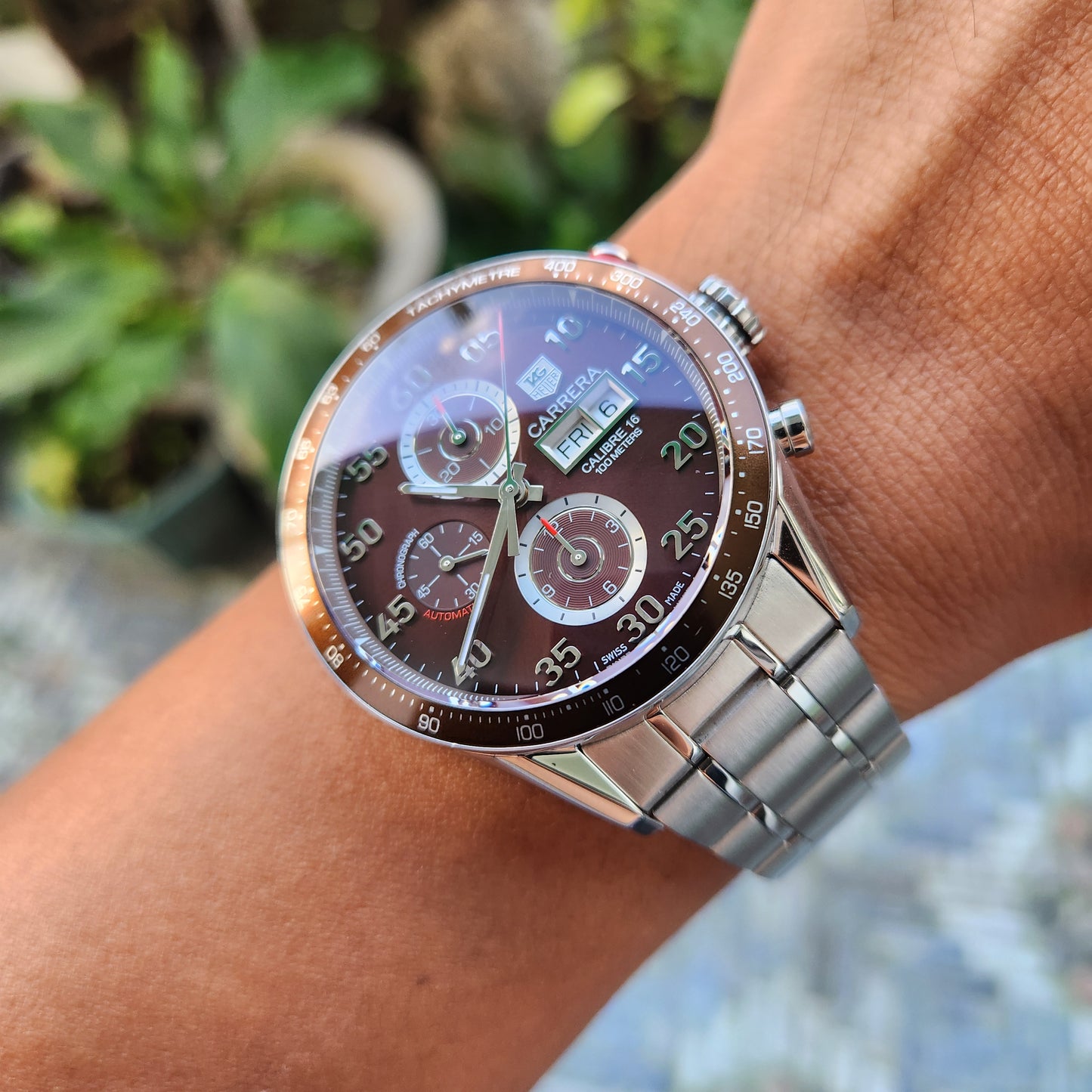 Tag Heuer Carrera Calibre 16 Day-Date Chronograph Steel Alu Bezel in Brown Dial 43mm - Complete Set