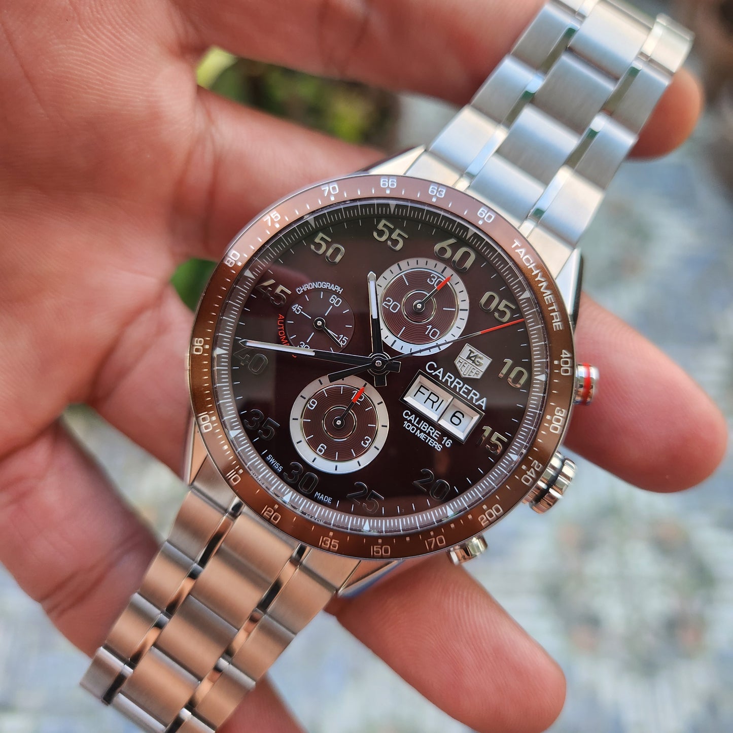 Tag Heuer Carrera Calibre 16 Day-Date Chronograph Steel Alu Bezel in Brown Dial 43mm - Complete Set