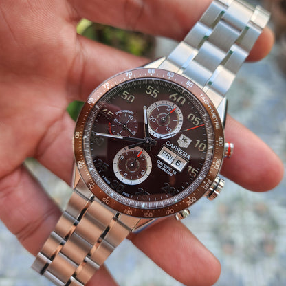 Tag Heuer Carrera Calibre 16 Day-Date Chronograph Steel Alu Bezel in Brown Dial 43mm - Complete Set