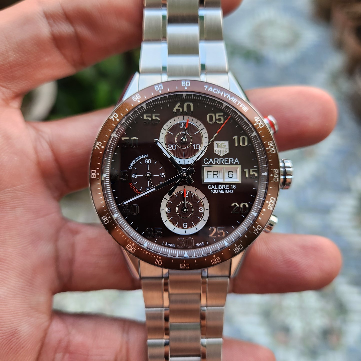 Tag Heuer Carrera Calibre 16 Day-Date Chronograph Steel Alu Bezel in Brown Dial 43mm - Complete Set