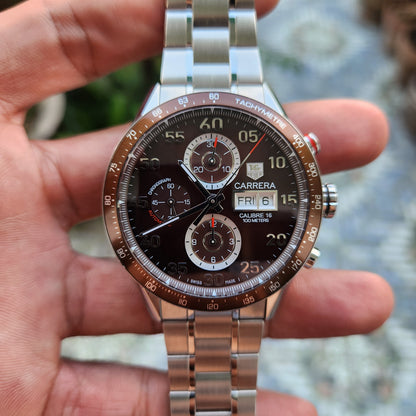 Tag Heuer Carrera Calibre 16 Day-Date Chronograph Steel Alu Bezel in Brown Dial 43mm - Complete Set